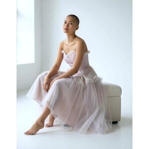 Vintage 1950s Strapless Tulle Party Dress Ballet Pink Lace Bodice Full Skirt XXS